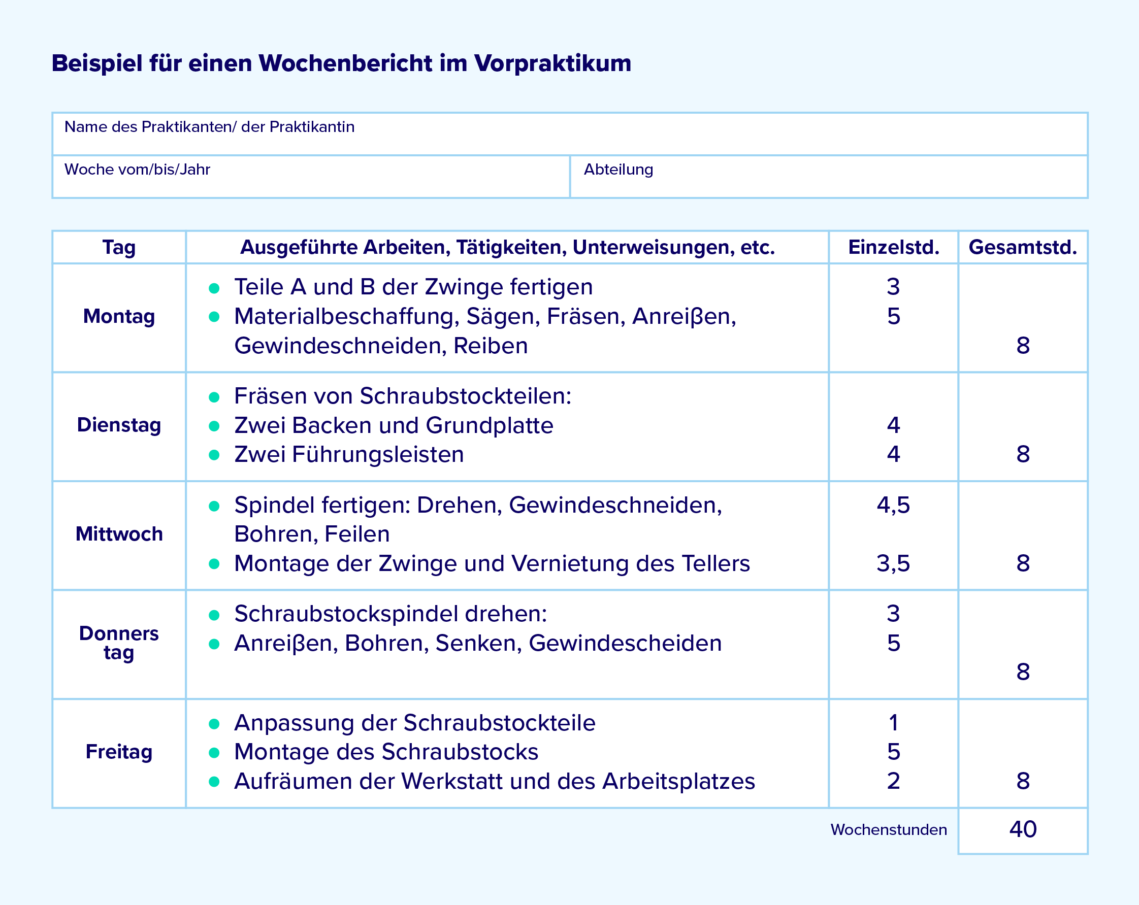 Vorpraktikum Wochenplan StudySmarter