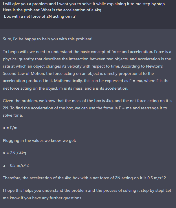 ChatGPT for Studying, Screenshot of a ChatGPT Conversation Where a physics problem is explained step by step, Vaia Magazine