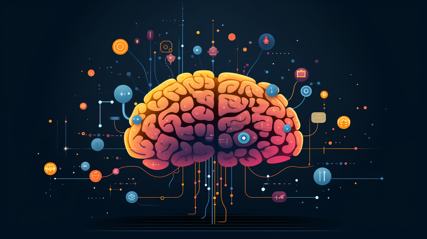 Illustration of a Brain on a dark background. The brain is surrounded of different icons. Vaia Magazine